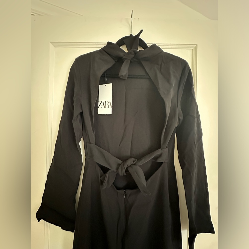 Zara High Neck Tie Back Midi Black Dress